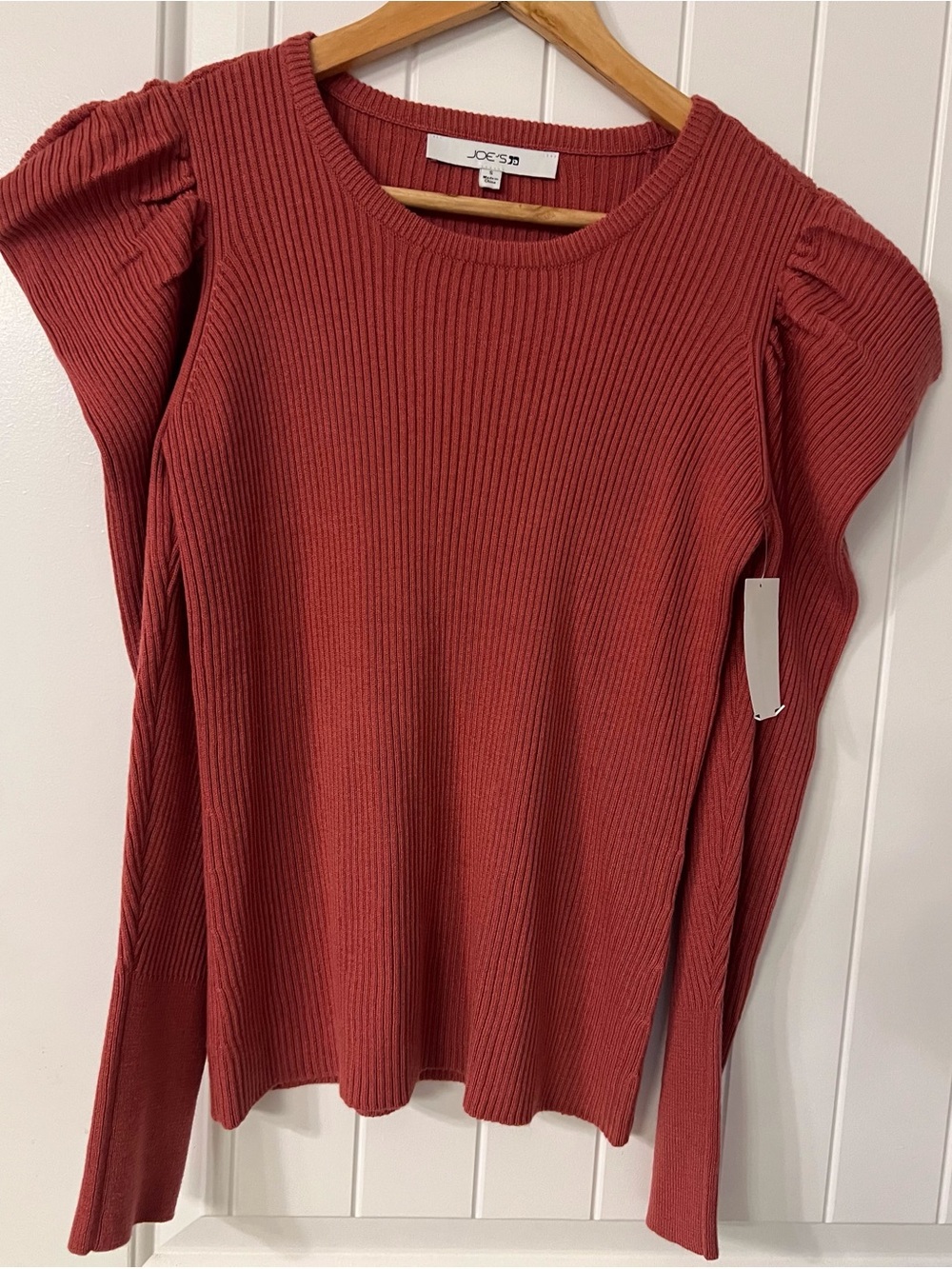 Joe's Jeans Rust Red Ribbed Puff-Sleeve Long Sleeve Top